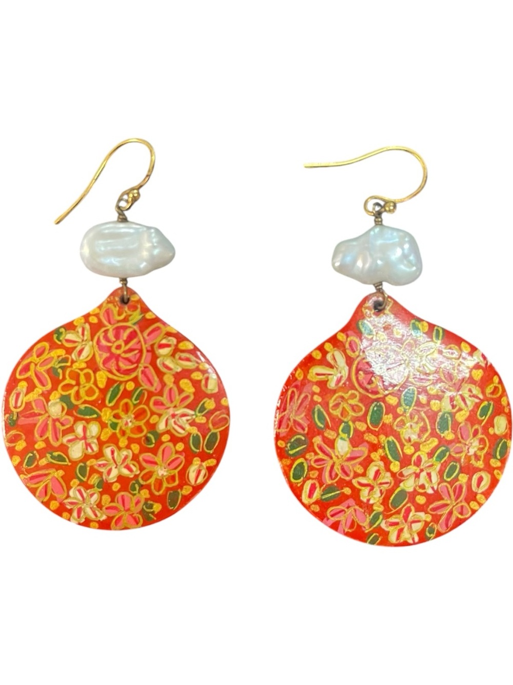 Chan Luu Hand-Painted Mother of Pearl Drop Earrings Red Floral